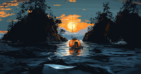 Vector illustration. Fantastic picture. The rescue boat, after landing from space, floats along the river between the rocks towards sunset.