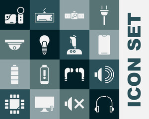 Set Headphones, Speaker volume, Smartphone, mobile, Smartwatch, Light bulb with concept of idea, Motion sensor, Cinema camera and Joystick for arcade machine icon. Vector