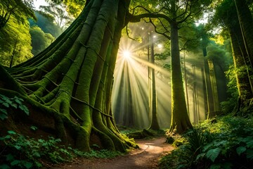 sun rays in the forest Generated Ai Technology