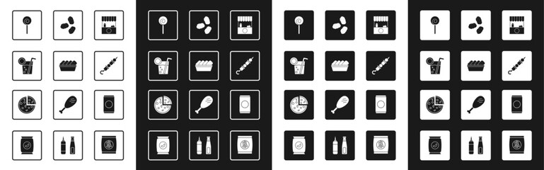 Set Street stall with awning, Chicken nuggets box, Cocktail, Lollipop, Grilled shish kebab, Soda can straw and Pizza icon. Vector