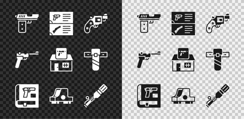 Set Pistol or gun, Weapon catalog, Small revolver, Book with pistol, Collimator sight, Anti-tank hand grenade, Mauser and Hunting shop weapon icon. Vector