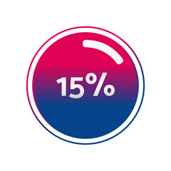 15 percent circle chart, isolated symbol. Vector red blue gradient element. Percentage Infographic sign. Illustration, icon for business, finance, progress, report, web design, download