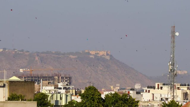 sky filled with kites with aravalli mountains hills with nahargarh fort in background showing celebrations of makar sankranti, independence day and uttarayan during the day