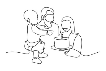 Birthday party in continuous line art drawing style. Happy family celebrating kid birthday with traditional Birthday cake. Black linear sketch isolated on white background. Vector illustration