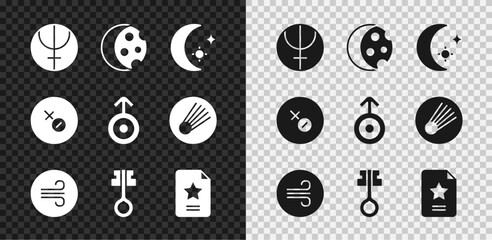 Set Neptune planet, Eclipse of the sun, Moon and stars, Windy weather, Old magic key, Star constellation zodiac, Venus symbol and Symbol Uranus icon. Vector