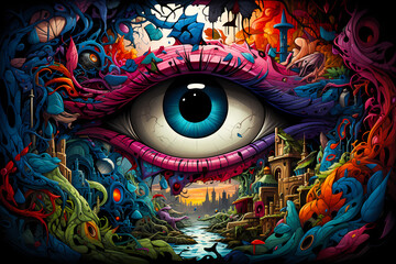 psychedelic colorful painting of the all seeing eye of the world in a fantasy landscape, created with generative ai