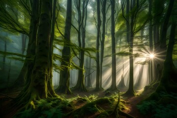 sun rays through the forest Generated Ai Technology