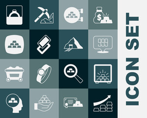 Set Growth arrow with gold bars, Safe, Gold 24k, Jewelry store, Diamond engagement ring in box and mine icon. Vector