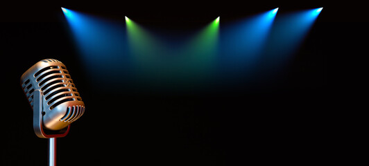 retro microphone with colorful spotlight on black background. singing concept