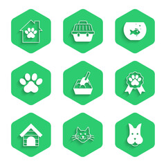 Set Cat litter tray with shovel, Dog, Pet award symbol, house, Paw print, Aquarium fish and icon. Vector