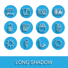Set line Sun, Ice cream, Sunbed and umbrella, Snorkel, Rubber flippers, Cocktail alcohol drink and Cooler bag water icon. Vector