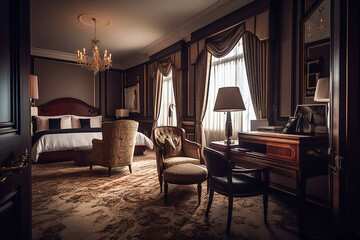  Elegant and luxurious interior of a high - end hotel room. AI Generated