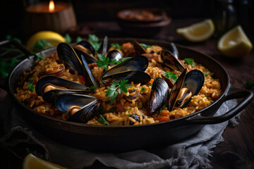 Delectable and savory seafood paella. AI Generated - obrazy, fototapety, plakaty