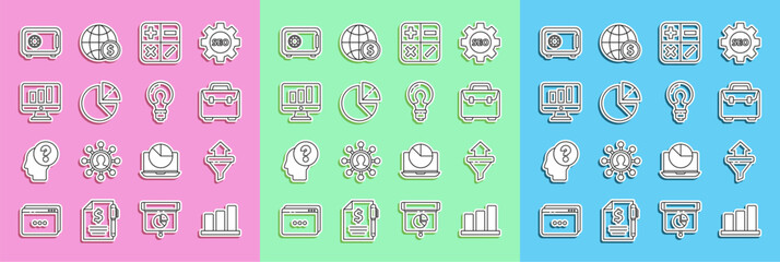 Set line Pie chart infographic, Sales funnel with arrows, Briefcase, Calculator, Monitor, Safe and Light bulb concept of idea icon. Vector