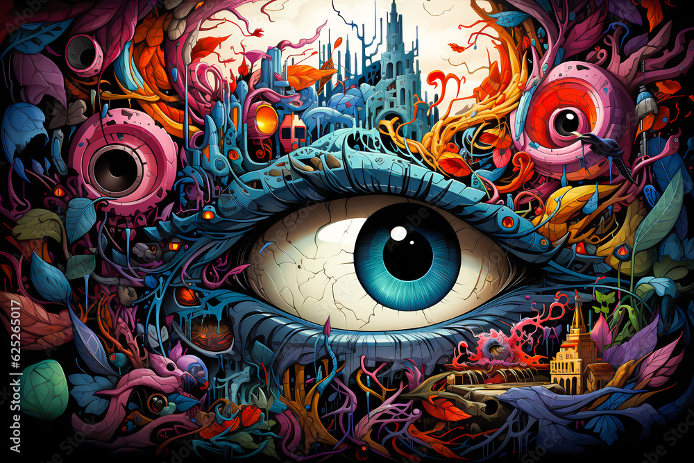 Wall mural psychedelic colorful abstract painting of the all seeing eye of the world in a fantasy environment, 