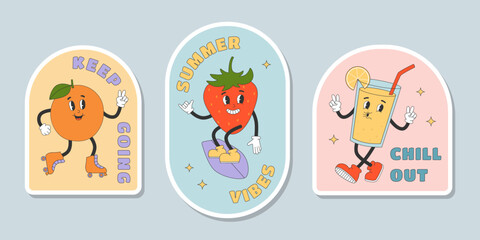 Set of groovy cartoon characters stickers. Orange,strawberry, lemonade. Sticker pack in trendy y2k retro style.