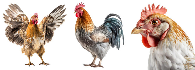 A set of chickens and a rooster in different angles. Close-up of a farm chicken, a farm rooster stands, the chicken flaps its wings. Isolated on a transparent background. KI. - obrazy, fototapety, plakaty