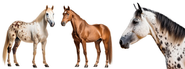 Set of multicolored horses. Horse design element for farm, household, nature, ecology, agricultural products. The brown horse is standing. Isolated on a transparent background. KI.