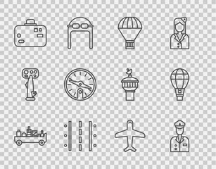 Set line Airport luggage towing truck, Pilot, Box flying on parachute, runway, Suitcase, Compass, Plane and Hot air balloon icon. Vector