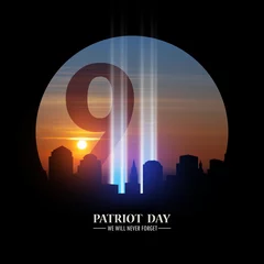 Wall murals United States September 11 Tribute In Light Art Installation in the Lower Manhattan New York City Skyline at Sunset in a round black frame with inscription Patriot Day. 9.11 date concept. American Patriot Day.
