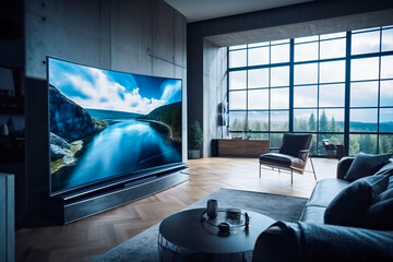 Fototapeta premium Big Screen TV Takes Center Stage in Modern Living Room. Generative AI