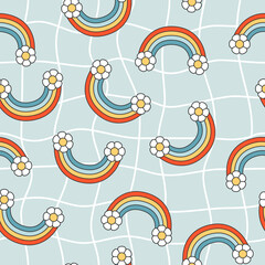 Groovy hippie seamless pattern with rainbows and flowers. Colorful elements on blue mesh background in trendy retro style