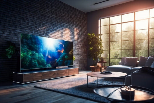 Big Screen TV Takes Center Stage in Modern Living Room. Generative AI