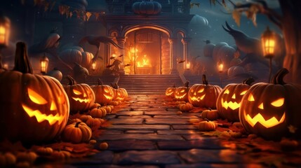 halloween background with pumpkins and castle, generative ai