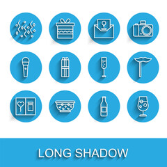 Set line Greeting card, Mixed punch bowl, Festive confetti, Beer bottle, Cocktail and alcohol drink, Gift box, Paper mustache stick and Glass of champagne icon. Vector