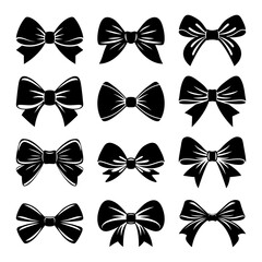 Vector Black and White Bow Tie or Gift Bow Silhouette Cut Out Icon Set Isolated on White Background. Bows Collection. Bow Shape Design Template