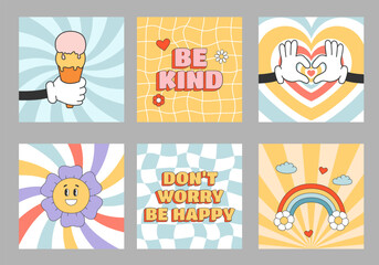 Fototapeta premium Set of groovy hippie sqaure posters. Rainbow, smiling flower, ice cream in trendy retro style