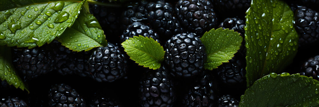 Fresh blackberries banner. Blackberry background. Close-up food photography