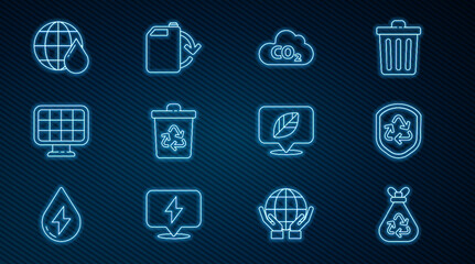Set line Garbage bag with recycle, Recycle symbol inside shield, CO2 emissions cloud, bin, Solar energy panel, Earth planet water drop, Location leaf and Eco fuel canister icon. Vector