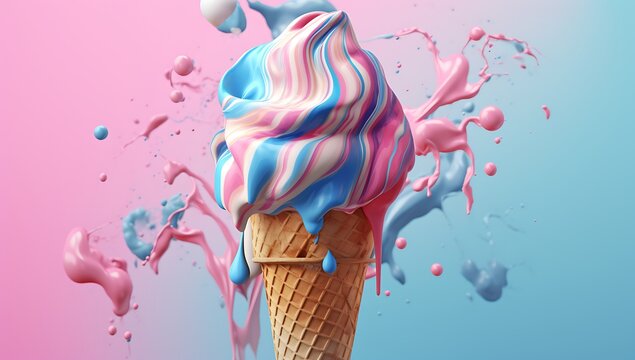Ice cream in waffle cone with pink and blue splashes ai generated