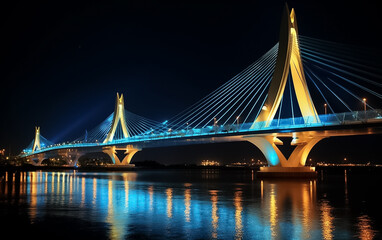 Obraz premium Highway bridge across a river. Sunset at the bridge across river. Bridge across river against sunset sky. Generative AI.