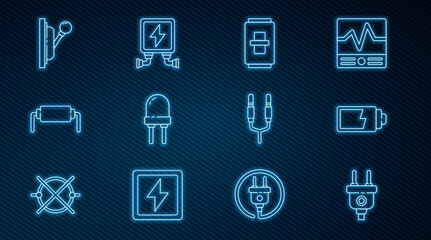 Set line Electric plug, Battery charge level indicator, light switch, Light emitting diode, Resistor electricity, Electrical panel, Audio jack and transformer icon. Vector