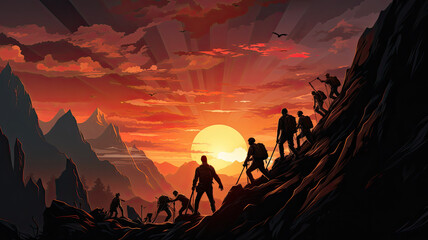 Fototapeta premium digital art of Silhouettes group businessman climbing on mountain and helping at sunset