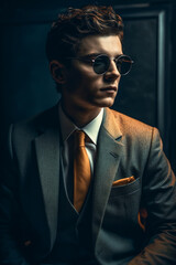 Fototapeta premium Fashionable male model in a trendy suit and sunglasses. AI Generated..
