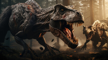 photorealism of Two tyrannosaurus rex are fighting in pine forest . wide angle lens realistic lighting