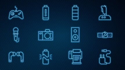 Set line Charger, Smartwatch, Battery charge level indicator, Photo camera, Microphone, Gamepad, Stereo speaker and icon. Vector