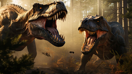 photorealism of Two tyrannosaurus rex are fighting in pine forest . wide angle lens realistic lighting - obrazy, fototapety, plakaty
