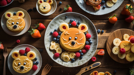 Obraz premium Fun and Festive Pancakes Shaped like Animals and Topped with Fresh Fruit . AI Generated