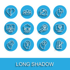 Fototapeta premium Set line Broken heart or divorce, Head with question mark, Man graves funeral sorrow, Metronome pendulum, Depression, Psychology, Psi and icon. Vector