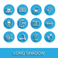 Set line Donut, Scooter delivery, Online ordering burger, Cafe and restaurant location, Food, Hotdog sandwich and icon. Vector