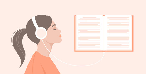 A woman listening to an audiobook. Side portrait of young woman in headphones and open book. Flat vector illustration
