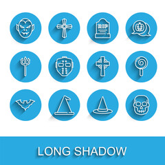 Set line Flying bat, Witch hat, Vampire, Skull, Hockey mask, Lollipop and Tombstone with cross icon. Vector