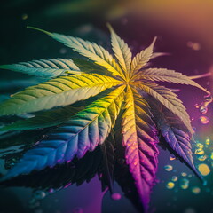 Rainbow marijuana leaf with drops on a color background. Generative AI