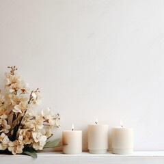 Home decoration with candles and flowers over white wall. Interior design concept. Generative AI.