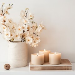 Fototapeta na wymiar Home decoration with candles and flowers over white wall. Interior design concept. Generative AI.