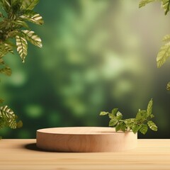 Cosmetics or beauty product promotion mockup. Natural wood step pedestal. Generative AI.